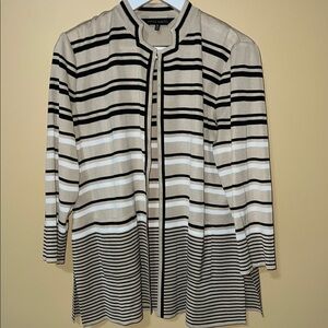 MING WANG black / white / tan Striped open front Cardigan. Like new. XL.